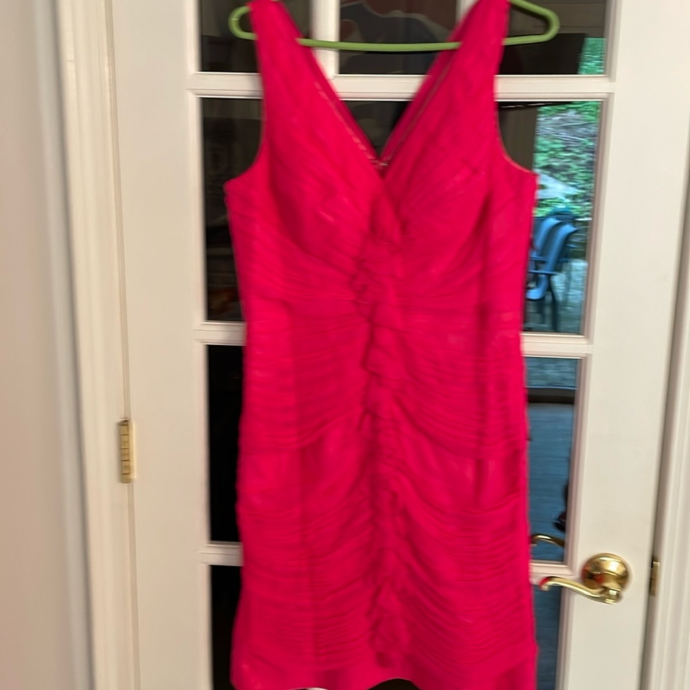 Vintage JS Boutique fuschia pink 100% silk ruched dress size 14 fully lined